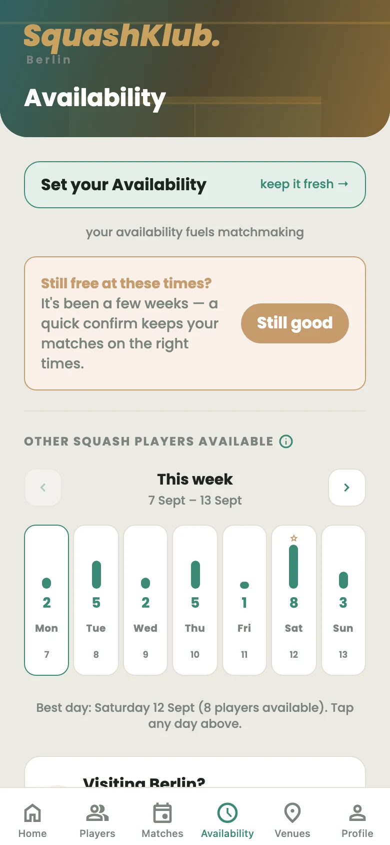 Availability view showing how many players are free each day of the week
