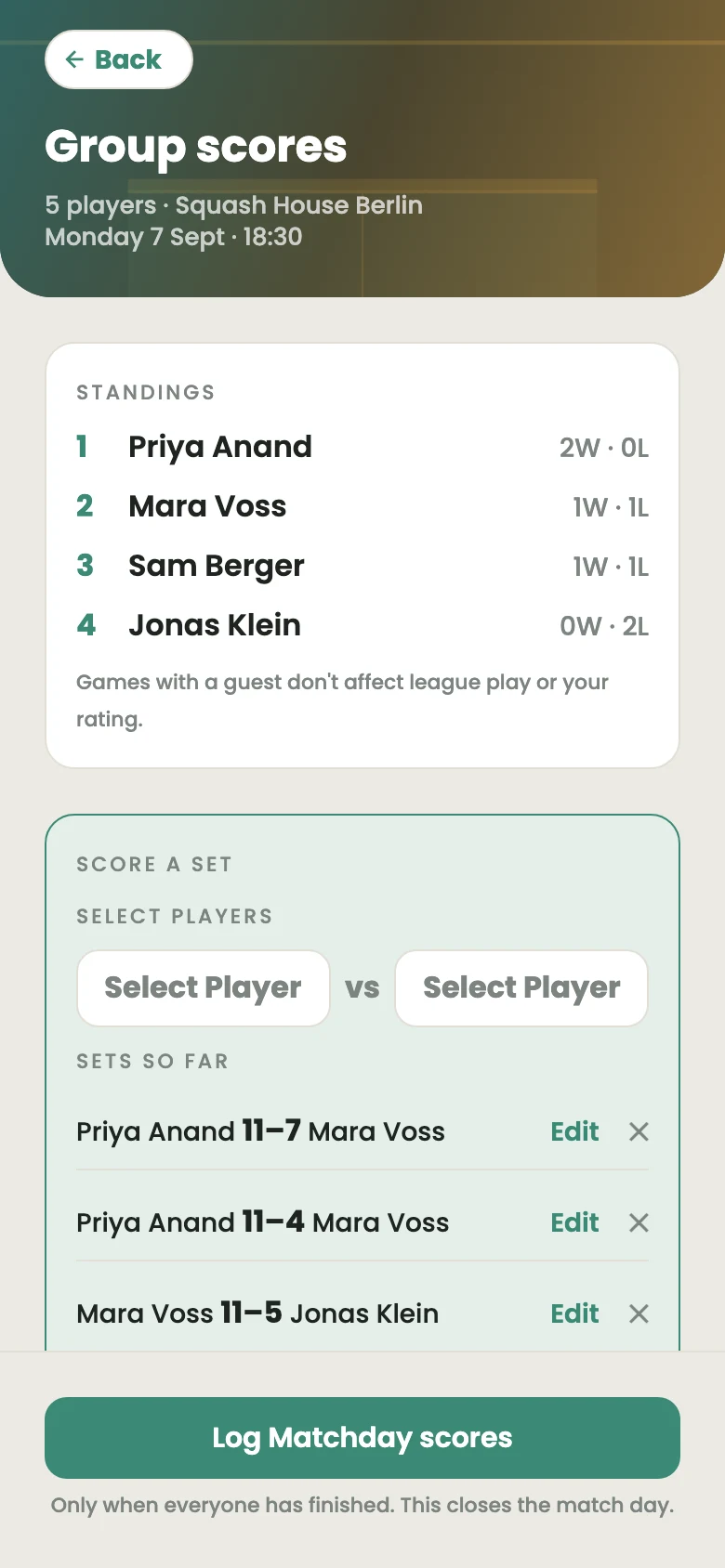 Group scores screen showing matchday standings and every set logged so far