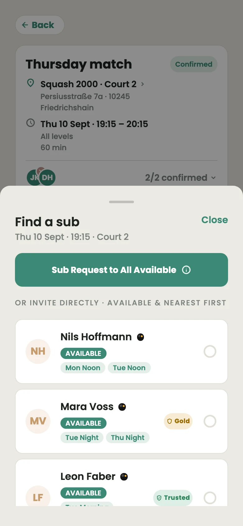 Find a sub sheet listing available players nearby with their level and trust rating